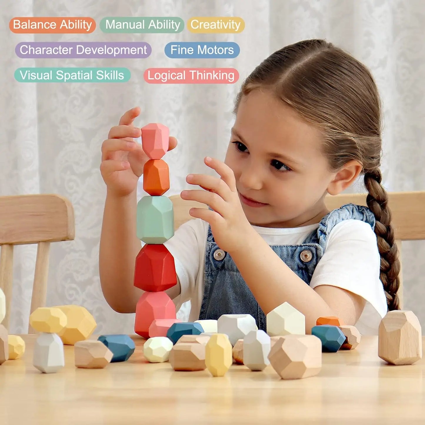 Montessori Wooden Sorting Stacking Stones 36 PCS